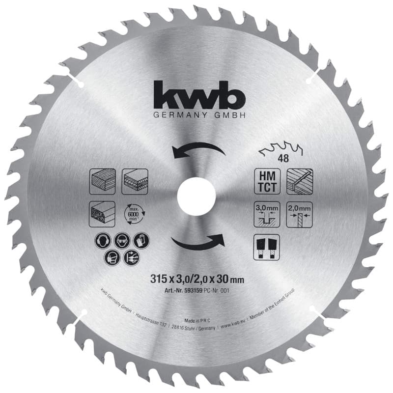 kwb Lame de scie circulaire de chantier 315 x 30 Lame de scie pour scies circulaires de table, denture alternée pour coupes moye