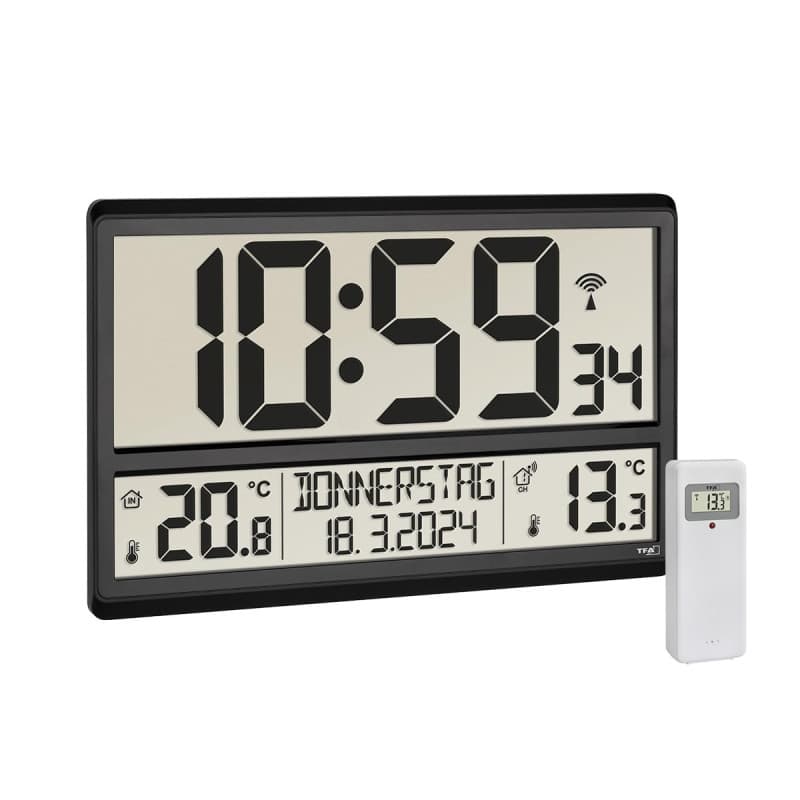 TFA Dostmann Horloge numérique XL, 60.4521.01, Jour de Semaine en français, avec température extérieure/intérieure, Grande Horlo