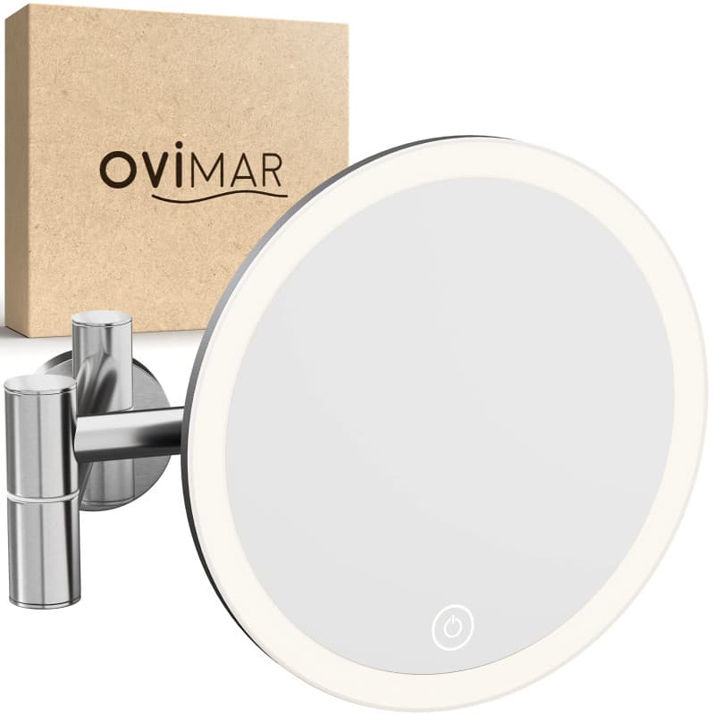 ovimar Vorupor Miroir cosmétique argenté | Avec éclairage | Rechargeable | Montage mural à percer | Dans la salle de bain | Miro