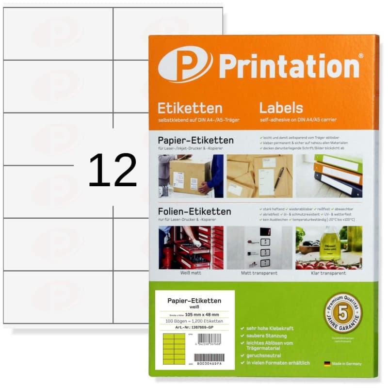 Printation Étiquettes Autocollantes 105 x 48 mm - 1200 Etiquettes Adresse Autocollantes - 12 Étiquettes Imprimables Par Feuille