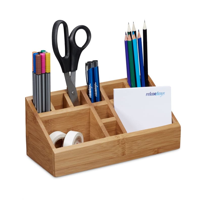 Relaxdays 10020248 Organiseur de bureau bambou 10 compartiments distributeur fournitures bureau HxlxP: 10 x 23 x 10 cm, nature