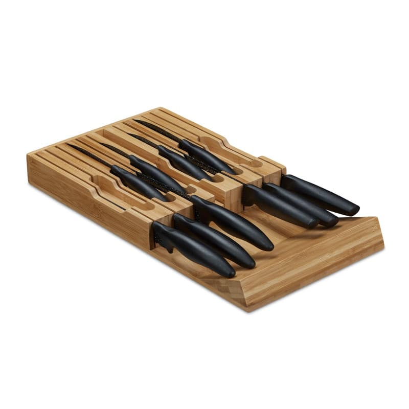 Relaxdays Range couteaux tiroir, 12 couteaux & aiguisoir, bloc en bambou, horizontal, HLP: 4,5 x 43,5 x 23 cm, nature