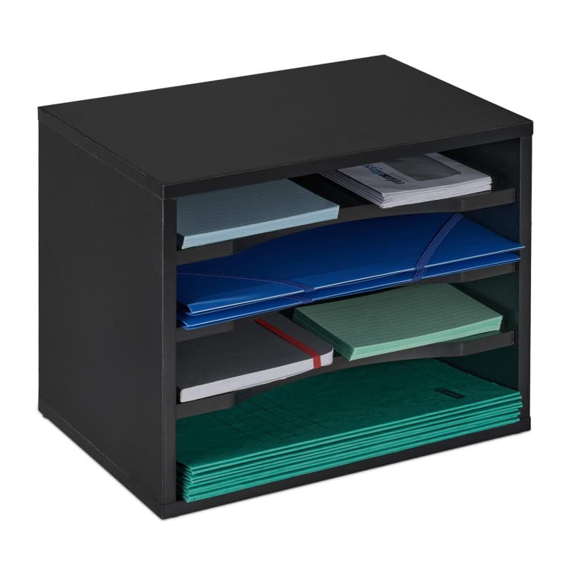 Relaxdays Corbeille à Documents, Rangement à Lettres, 4 Compartiments, pour Bureau, Organiseur, 28 x 35,5 x 25 cm, Noir