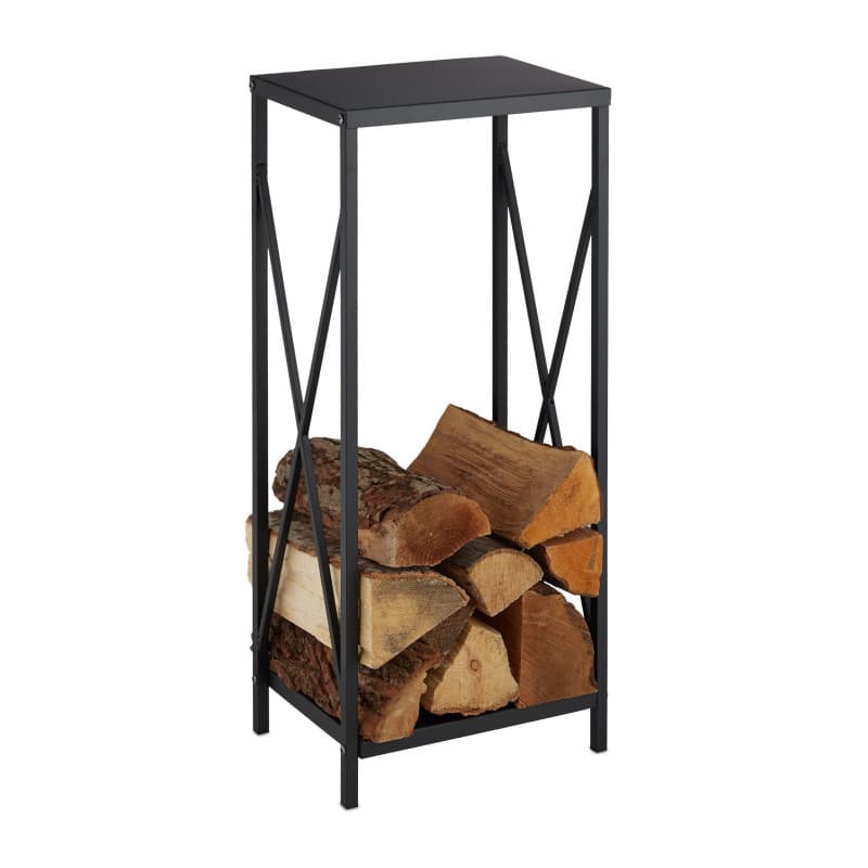 Relaxdays Étagère de cheminée, métal, HLP 80x34x25 cm, Range Bois intérieur, revêtement poudré, entreposage Bois, Noir