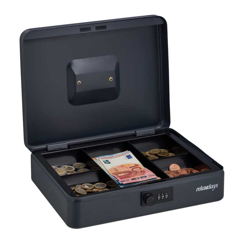 Relaxdays Caisse à Monnaie, Serrure Combinaison 3 Chiffres, pour pièces et Billets, HLP : env. 8,5 x 30,5 x 25 cm, Gris