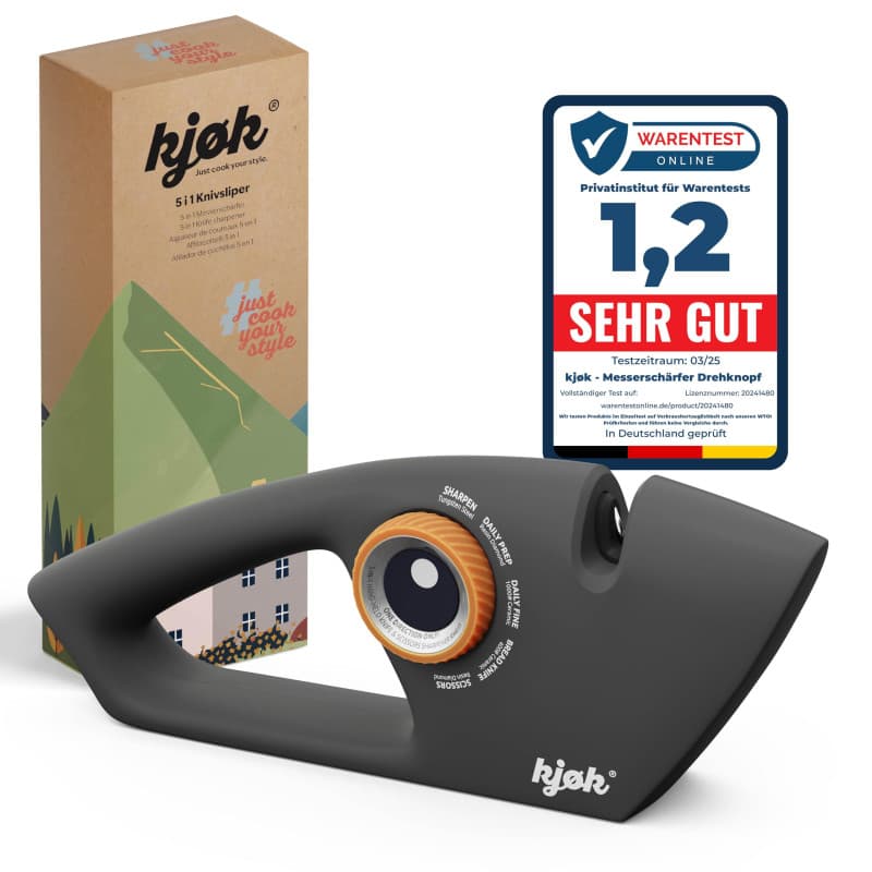 kjøk Premium Aiguiseur de couteaux et de ciseaux manuel avec bouton rotatif - affûteur avec boîtier en ABS noir mat, 5 niveaux,
