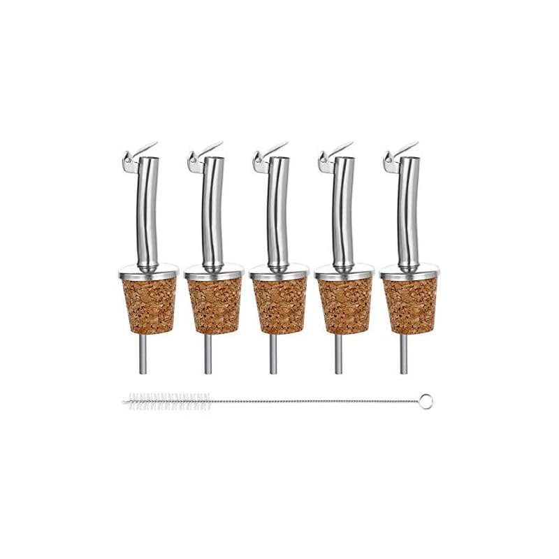 Incutex 5 Bouchon Verseur en Liège et 1 Brosse de Nettoyage, Becs Verseurs Réutilisable avec Clapet pour Bouteilles de Vin, d'hu