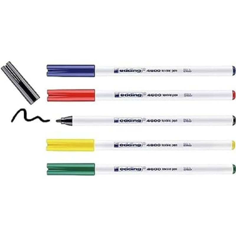 edding 4600 Feutre pour textiles - noir, rouge, bleu, vert, jaune - 5 pièces - pointe ronde de 1 mm - feutre textile lavable en