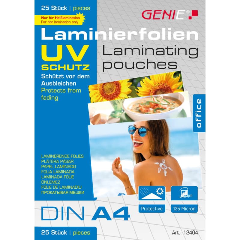 Genie Lot de 25 pochettes à plastifier (format A4, protection UV, 125 microns, résistantes aux UV, protègent contre les rayons)
