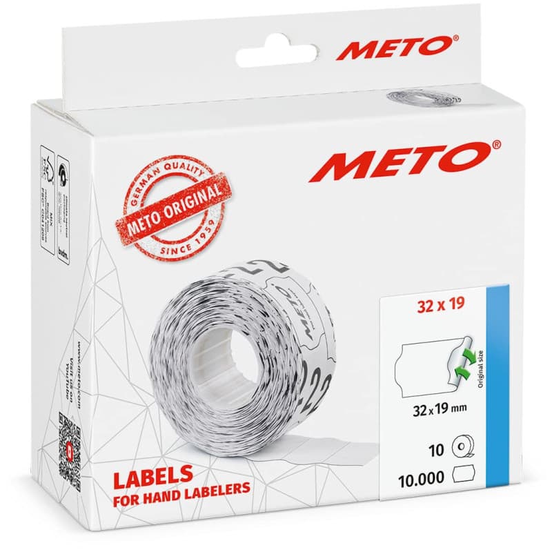 Étiquettes Meto pour étiqueteuse manuelle (32x19 mm, 2 lignes, papier blanc, 10 000 étiquettes, décollables et repositionnables,