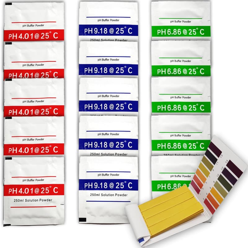 Lot de 15 poudres d'étalonnage + bandes pH | PH-mètre 4.00 | 6.86 | 9.18, poudre d'étalonnage du pH, solution tampon pH pour des