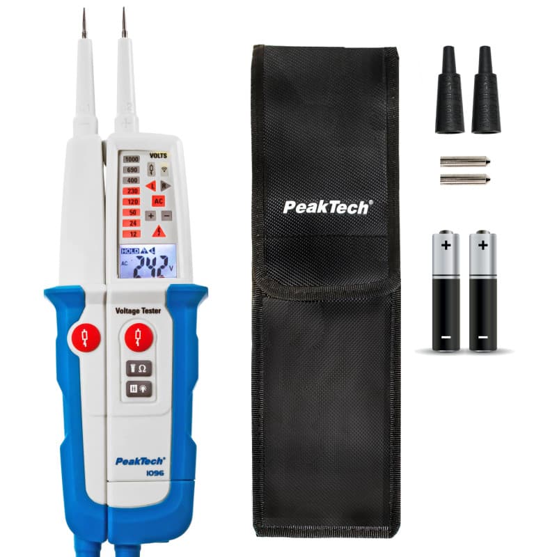 PeakTech P 1096 Testeur de tension 2 pôles, IP64, écran LCD, testeur de continuité, indicateur de polarité, voltmètre, 1000 V, 2