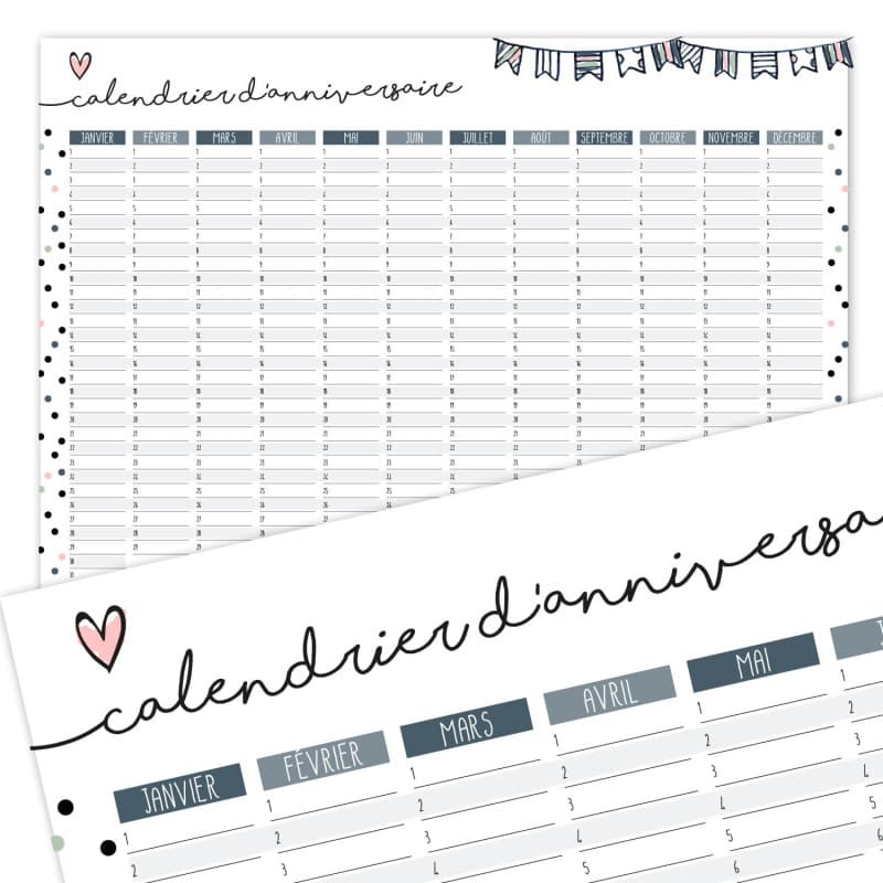 Calendrier d'anniversaire Confetti I DIN A3 I en français indépendant de l'année I Calendrier permanent pour filles femmes burea