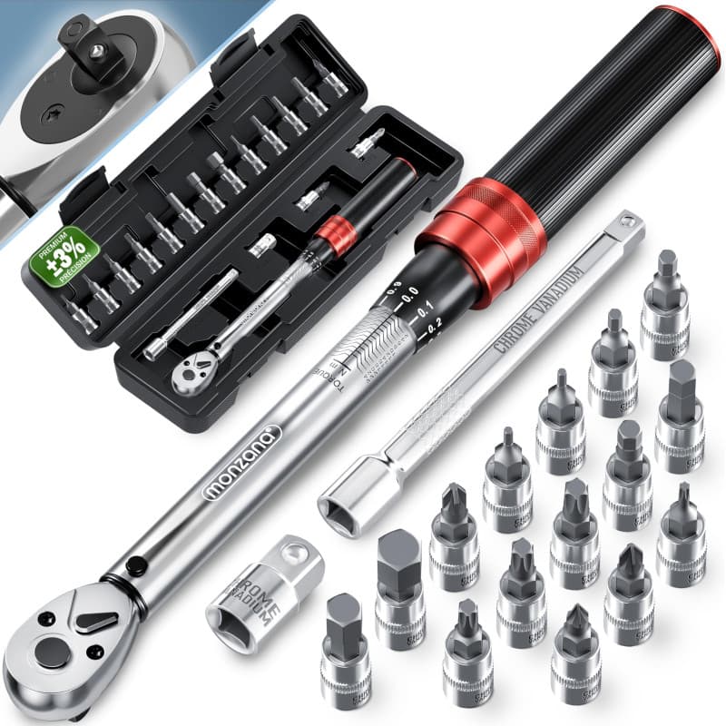 Monzana® Clé dynamométrique 1/4' 1-25 NM ±3% 18 pièces acier CV extension boîte de rangement vélo moto set complet clé de serrag