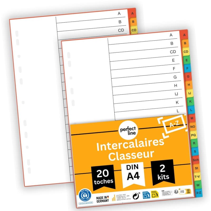 perfect line Intercalaires classeur A-Z DIN-A4, 20-pièces, 2-set, intercalaire A4 en carton, Fabriqué en Allemagne, certifié Blu