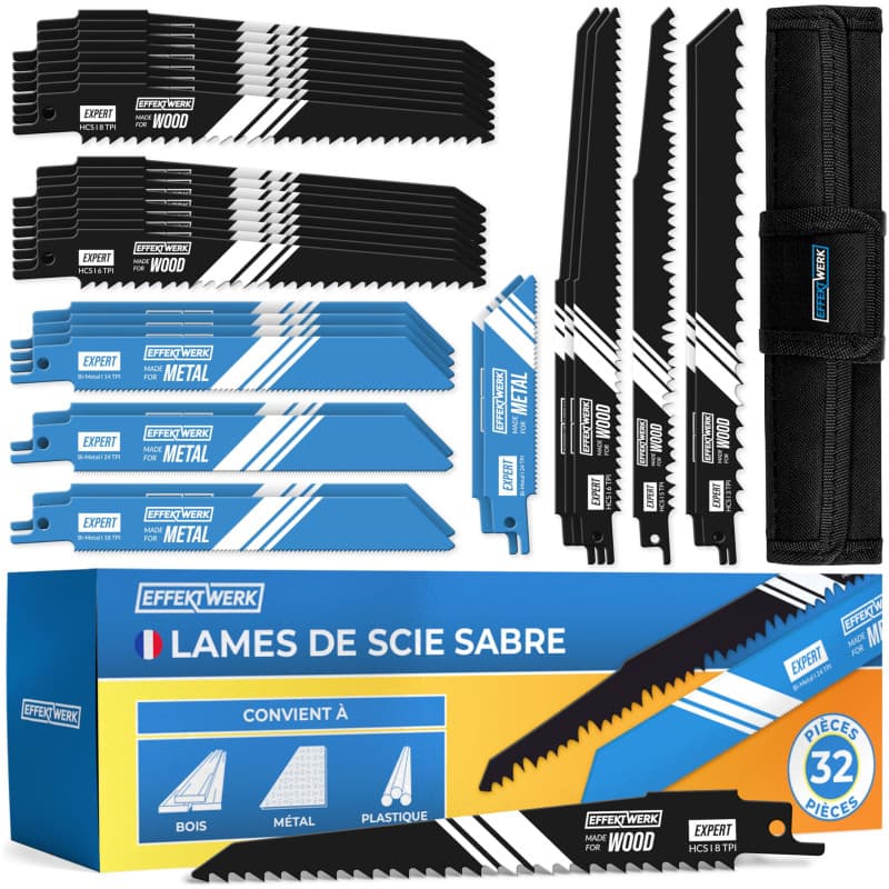Effektwerk Lames de scie alternative (32 pièces), jeu de lames de scie de rechange en acier au carbure, scies sabre HCS et bimét