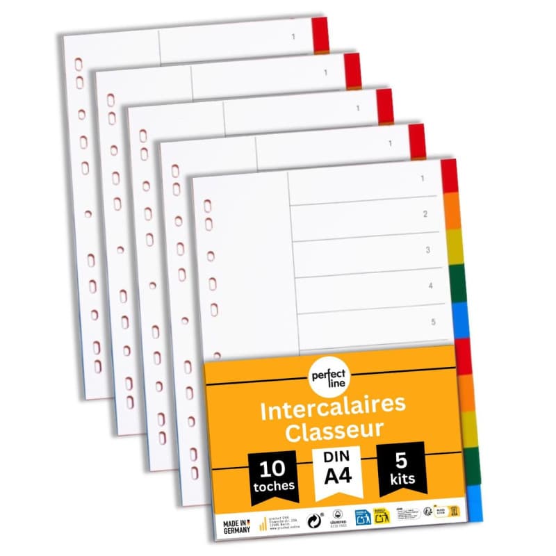 perfect line plastique Intercalaires classeur DIN-A4, 10-pièces, 5-set, intercalaire A4 en polypropylène, fabriqué en Allemagne