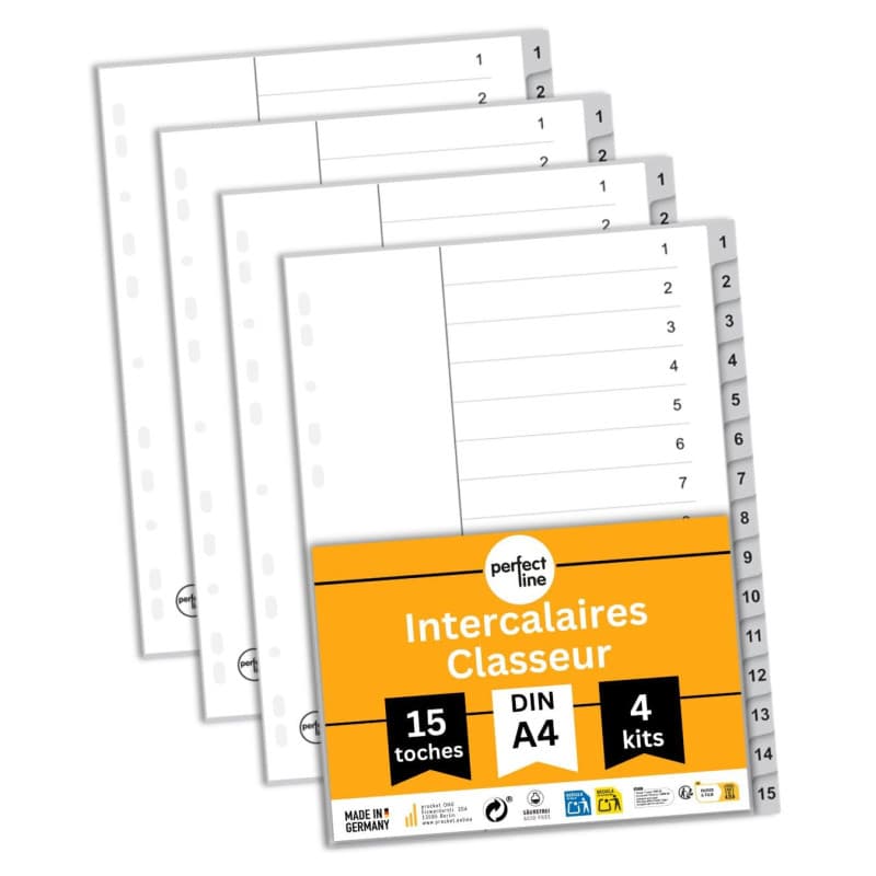 perfect line Lot de 4 intercalaires de classement DIN A4 en plastique (PP), 15 onglets (15 pièces), gris, intercalaires pour dos