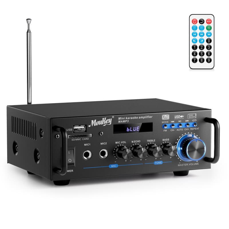 Moukey Amplificateur Audio 2.0 Canaux, Amplificateur Stéréo Bluetooth 5.0 100W, Amplificateur HiFi, Radio FM Portable, Entrée Ca