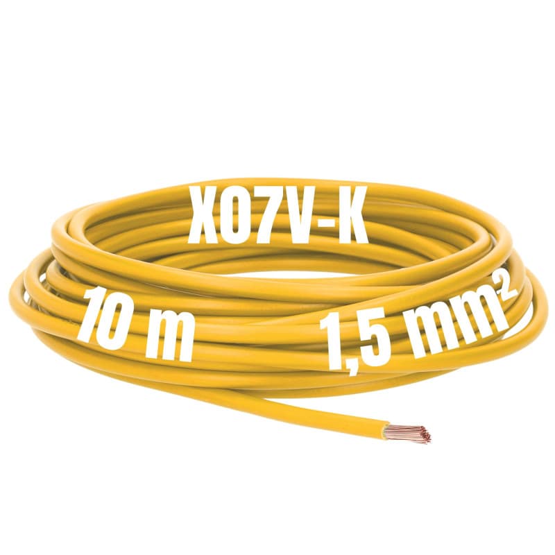 Kalitec Câble de câblage X07V-K 1,5 mm² jaune - 10 m - Flexible - En PVC - Toron 1,5 mm² - Câblage à fils fins - Câble unique -
