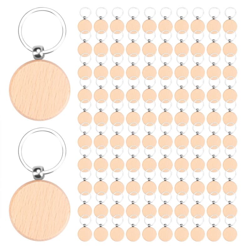 Giilayky 100 PièCes Porte-CléS en Bois Flans en Vrac Rond Bois Gravure Flans Inachevé Porte-CléS en Bois Porte-CléS B