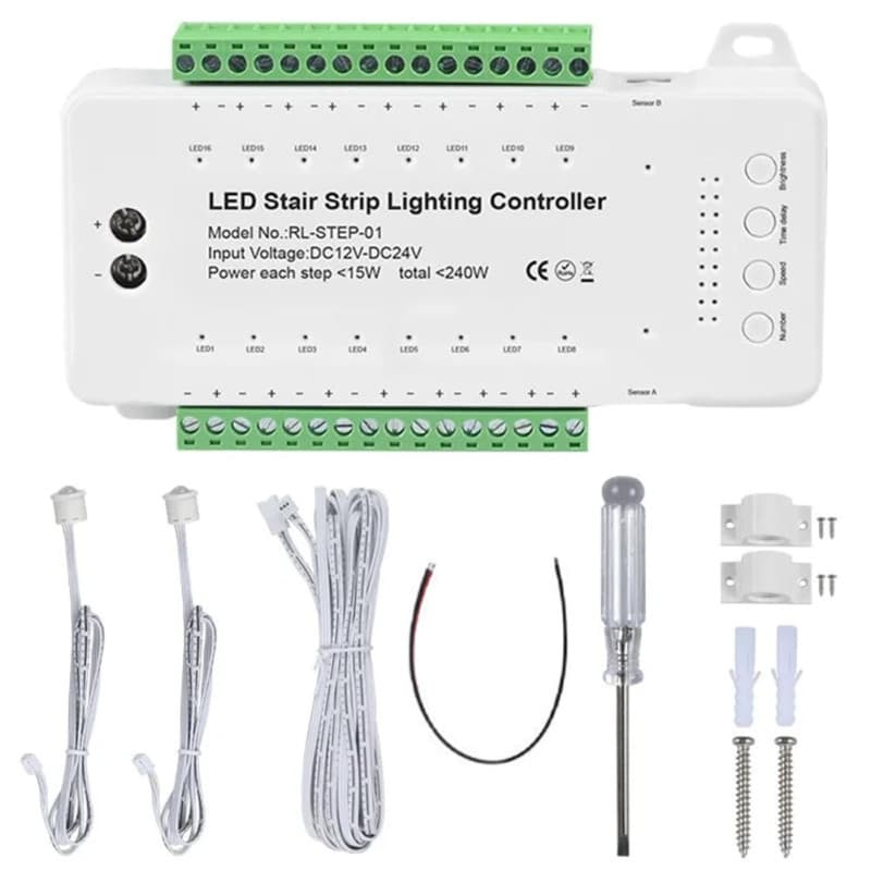 Hopbucan 16 Canaux LED Escalier Lumière Escalier Contrôleur 2 PIR pour Intérieur Flexible LED COB Bande Lumineuse Sans Télécomma