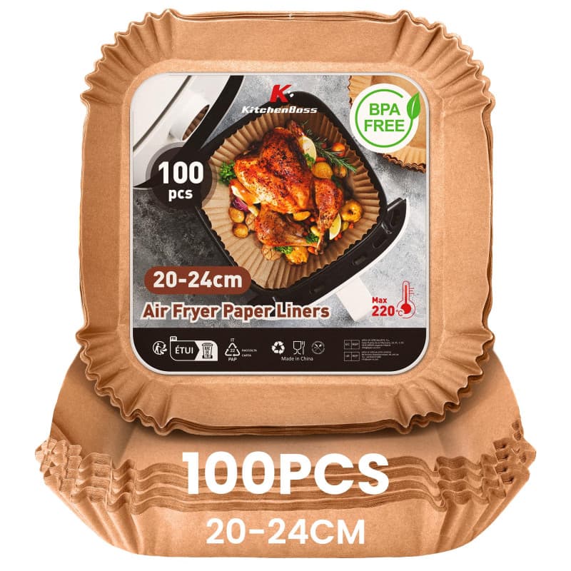 KitchenBoss Papier Cuisson Air Fryer: 100 Pièces Papier Sulfurisé pour Airfryer Carré 20 x 24 cm,Jetable Antiadhésive Papier Cui