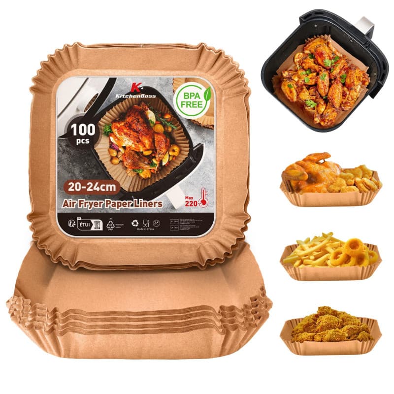 KitchenBoss Papier Cuisson Air Fryer 100 Pièces: Papier Sulfurisé pour Airfryer Carré 20 x 24 cm,Jetable Antiadhésive Papier Cui