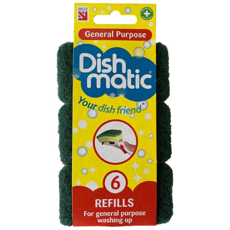 Dishmatic Lot de 6 recharges éponges à Vaisselle Vertes à Usage général avec abrasif antibactérien - Recharges pour poignée de V