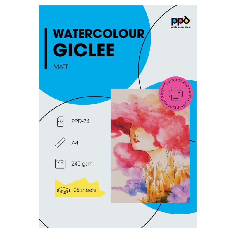 PPD 25 x A4 Papier Photo Aquarelle PREMIUM, Mat 240g, Jet D'Encre Giclée, Papier Photo Beaux-Arts Texturé, Sans Acides, 25 Feuil