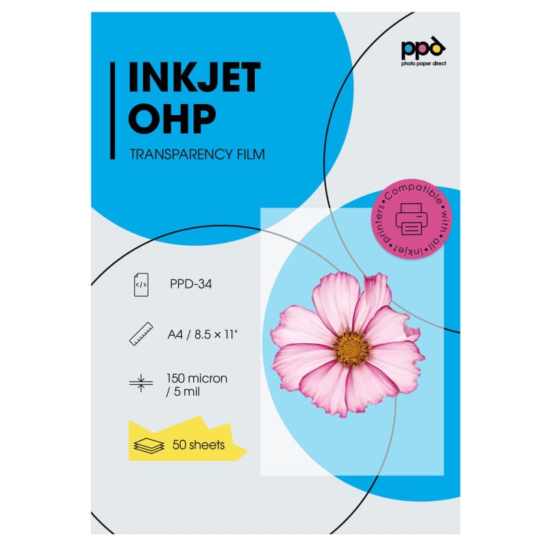 PPD A4 X 50 Films Transparents pour Rétroprojecteur, Impression Jet d'Encre, 10 Feuilles OHP Premium, Noirs Profonds, PPD-34-50