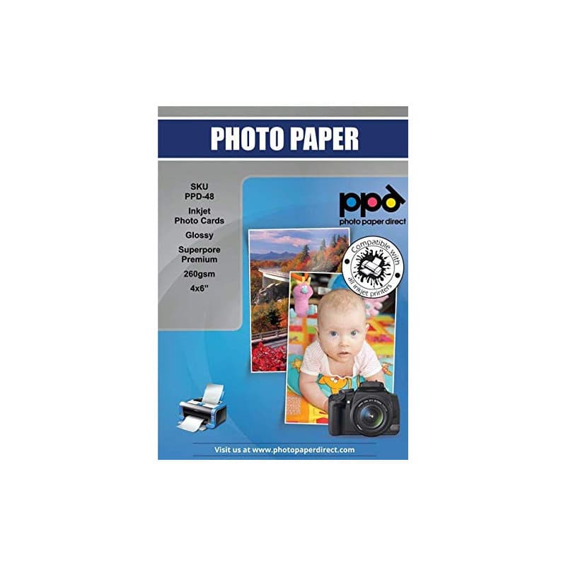 PPD 6x4” x 100 Papiers Photo PREMIUM Brillant 260g Jet d' Encre, Format environ A6 ou 10x15cm, Séchage Instantané, Qualité Profe