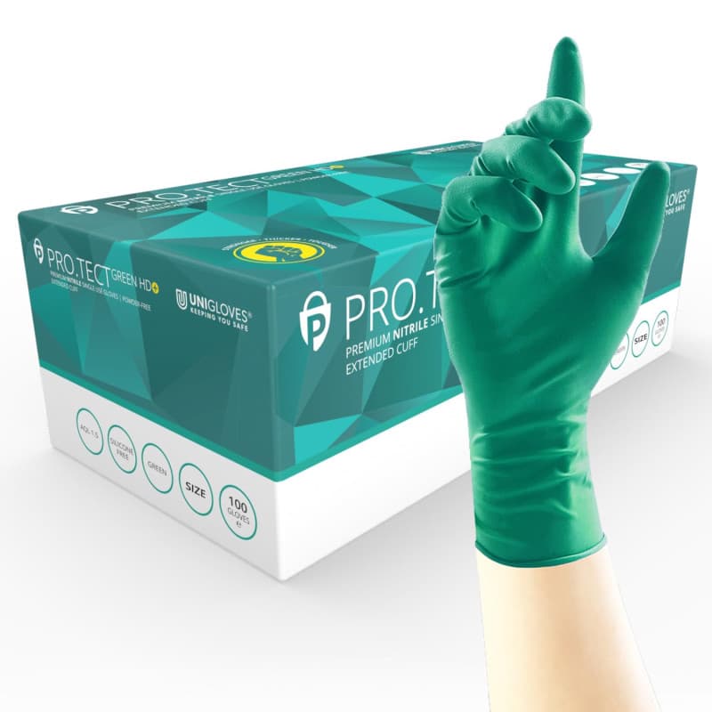UNIGLOVES PRO.TECT Green HD+ Gants jetables en nitrile avec manchette allongée - Ultra résistants, usage unique, multi-usages, s