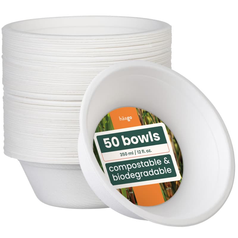 HAAGO - 50 Bols en Canne à Sucre, Bols en Papier Solide - Bols de Fête Compostable à la Maison, Biodégradables, Bols Jetables po