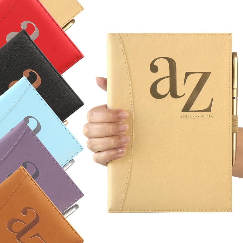 Carnet d'adresses - Répertoire A à Z - Couverture rigide avec stylo - Format A5 (Doré)