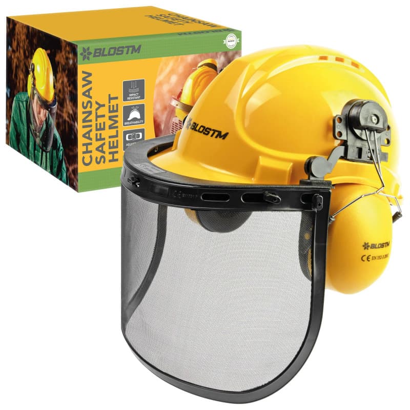 BLOSTM Casque de sécurité pour tronçonneuse avec visière, casque de tronçonneuse jaune avec visière de sécurité, cache-oreilles