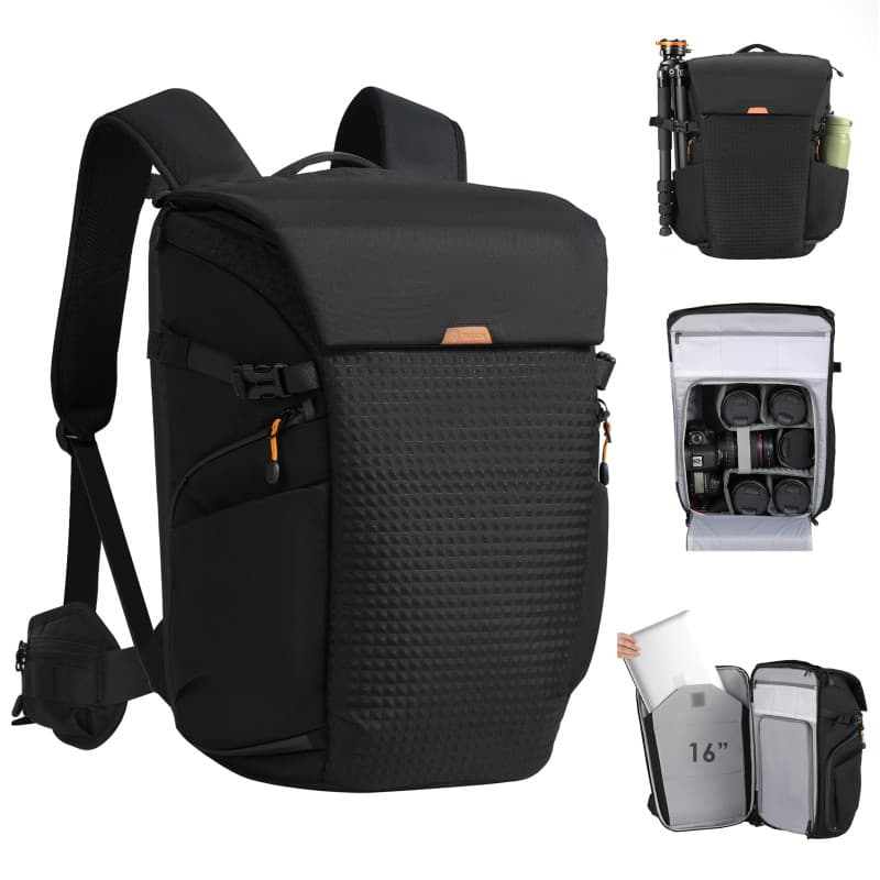 TARION Sac à Dos Photo Professionnel - Compartiment 16'' pour PC + Ouvertures Latérale/Arrière Rapides, Housse Imperméable et Ce