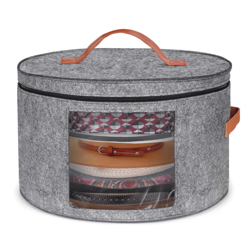 Winter Shore Boite Chapeau Ronde Grise - Grand Organisateur de Chapeaux Pliable avec Fermeture Éclair, Fenêtre Transparente, Poi