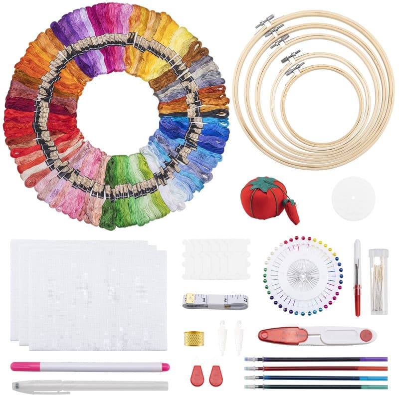 Noa Home Deco Kit de broderie, 100 couleurs de fil à broder, 5 cadres en bambou, 3 pièces en tissu de point de croix, aiguilles