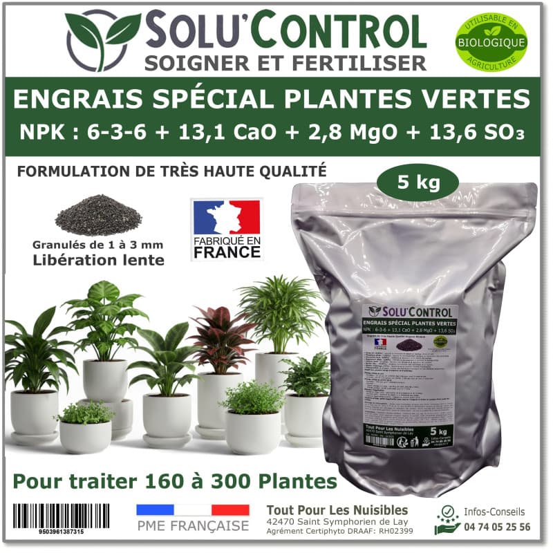 5 kg d'Engrais Spécial Plantes Vertes 6-3-6 - Croissance, Feuillage Dense & Vitalité - Formulation Organo-Minerale - Libération