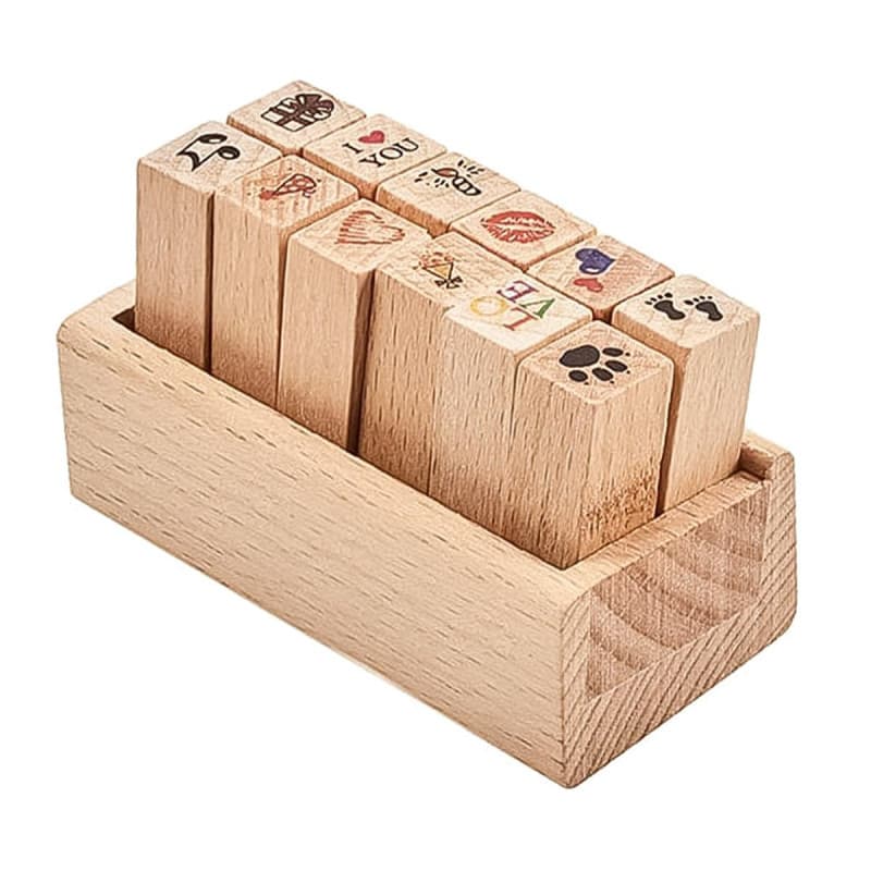 Tiardey 12 Pcs Mini Tampons en Caoutchouc en Bois Mignon DIY Diary Scrapbook Stamps Set avec Bo?Te en Bois - Amour + Mariage