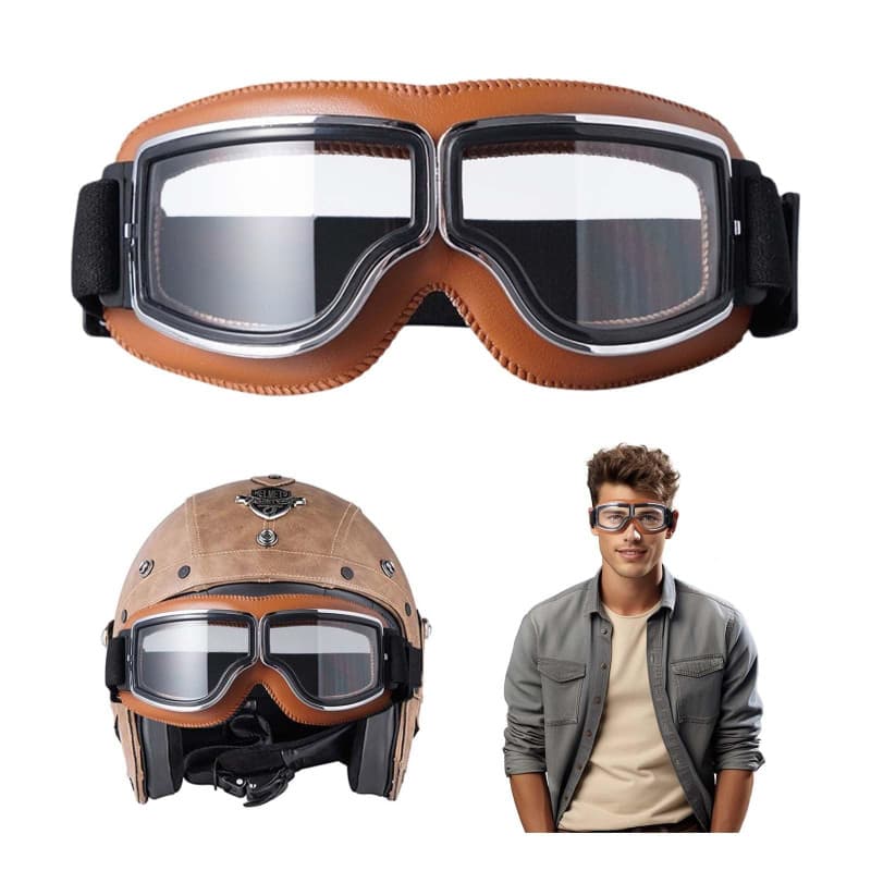 ZHYAUN Lunettes de moto,Lentilles de protection moto,Lunettes de moto rétro,Lunettes de cyclisme rétro,Lunettes de moto en cuir,