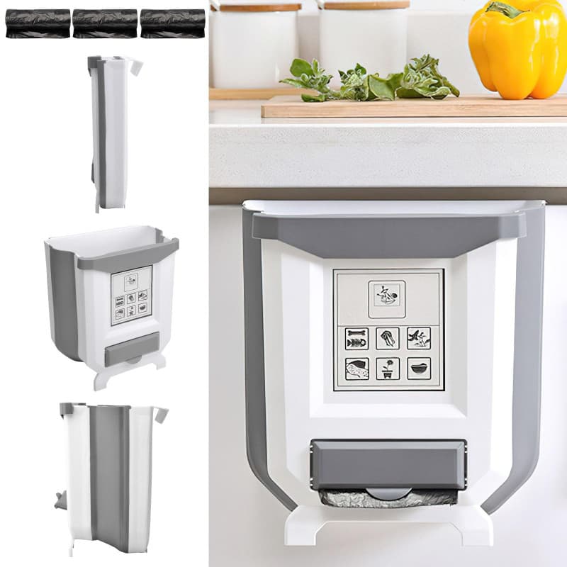 WOKICOR Poubelle Suspendue Pliable, 10L Poubelle Murale Poubelle Pliable Kitchen, Poubelle Murale Avec 3 Rouleaux De Sacs Poubel