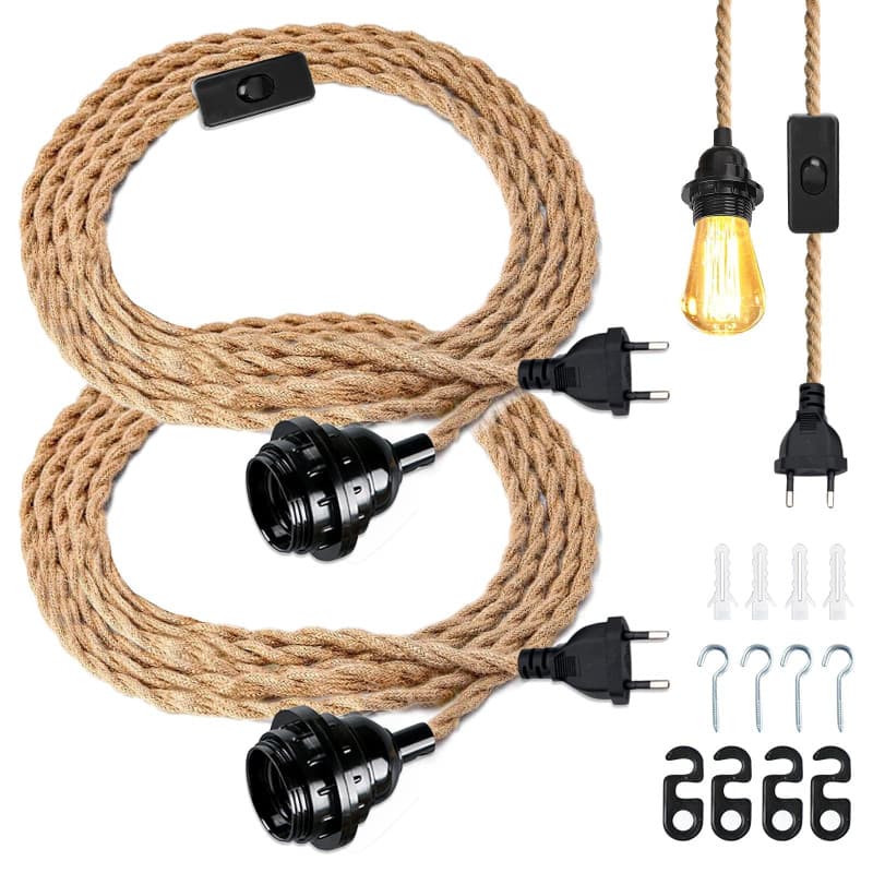Lot de 2 douilles de lampe vintage en corde de chanvre - Câble de lampe - 4,5 m - Douille E27 avec interrupteurs - Lampe suspend