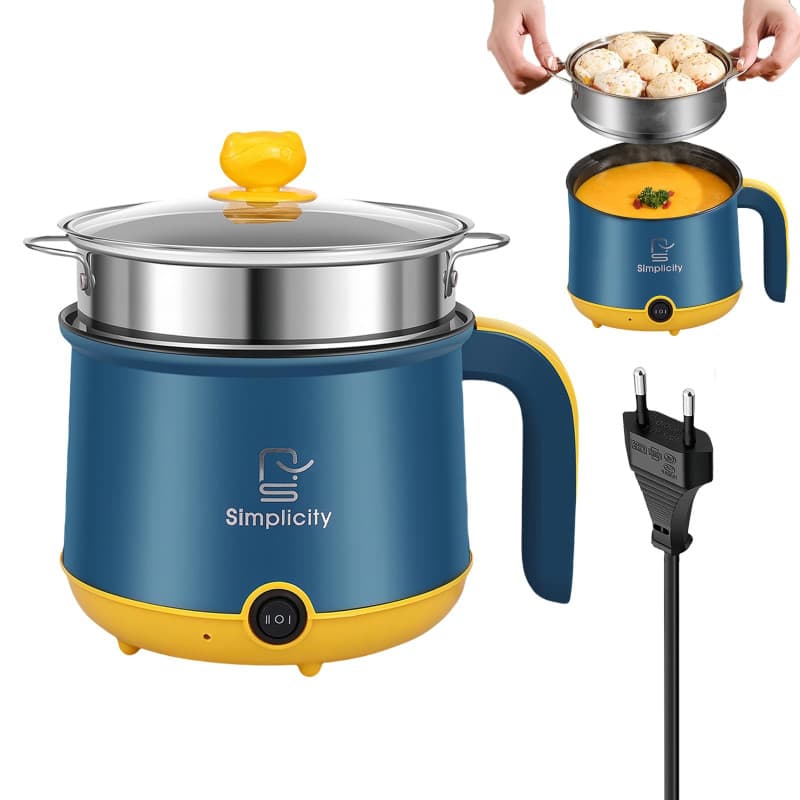 Pot à chaud électrique avec cuiseur vapeur, 1,8 l, mini cuiseur portable anti-adhésif, cuiseur à ramen rapide, pot anti-adhésif