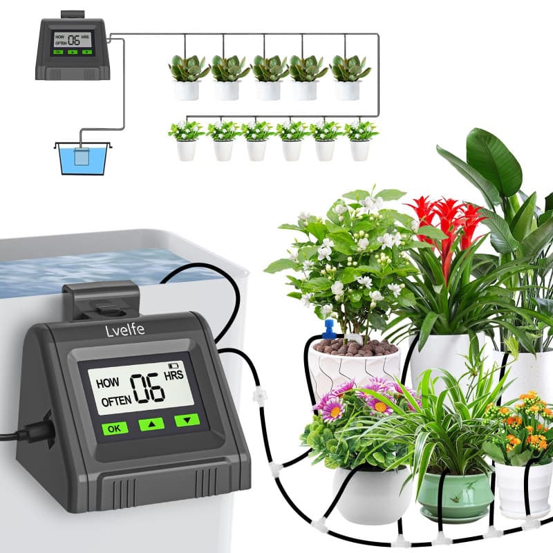 Lvelfe Système d'arrosage automatique, Kit d'irrigation goutte à goutte automatique, affichage LED et alimentation USB, système