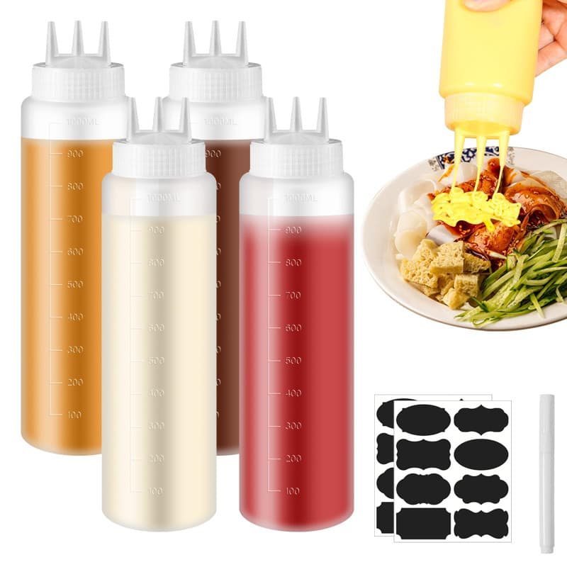 Vegena 4 Pièces Bouteille À Sauce 1000ml Bouteille À Condiments, Bouteille Sauce Bouteilles À Presser avec 3 Buses De Pulvérisat