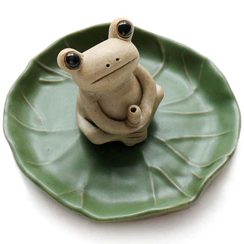Nagu - Brûleur d'encens 100% Fait Main en céramique, Petite Grenouille, Plateau en Feuille de Lotus, Mini Statue d'animal Mignon
