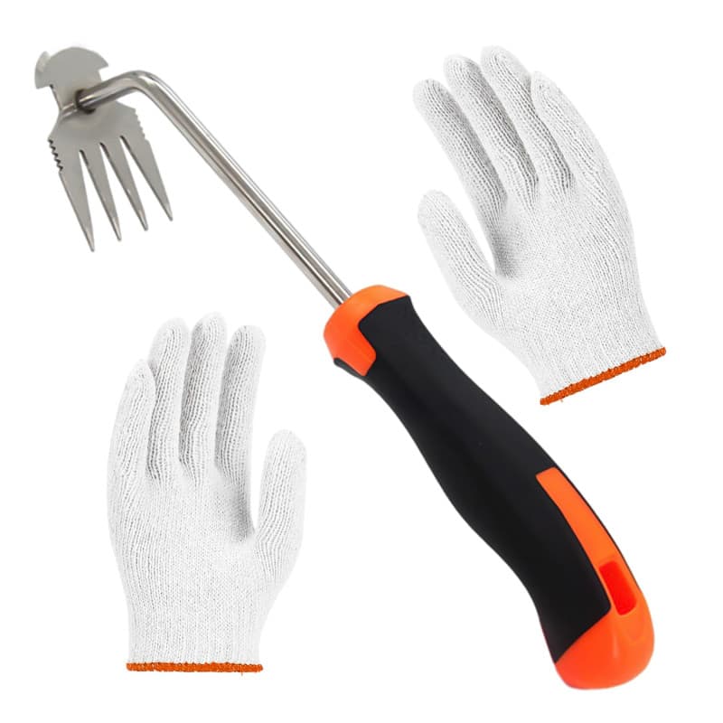 MEMOFYND Outil de désherbage en 1 pièce avec 1 paire de gants en gaze de coton, crochet de désherbage à quatre dents, outil de d