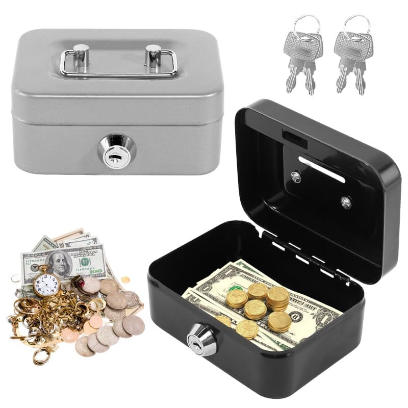 Lot de 2 petites caisses à monnaie verrouillables avec clé - Avec fente - Portable - Pour pièces de monnaie, billets - Noir et a